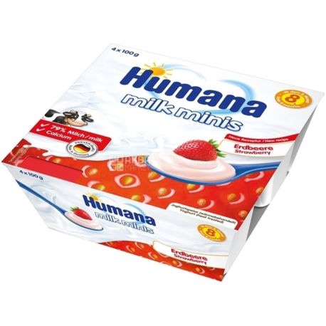 Humana Baby Milchdessert Pfirsich, 4 x 100 g, Fermented milk product with strawberries, from 8 months, 2,8%