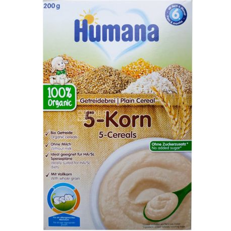 Humana, Plain Cereal 5-Cereals, 200 г, Каша безмолочна, цільнозернова, 5 злаків, з 6 місяців
