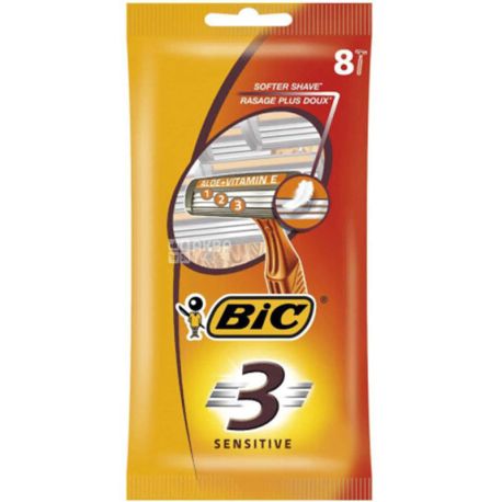 BIC, Sensitive, 8 шт., Станок для гоління з 3 лезами і вітаміном Е, одноразовий