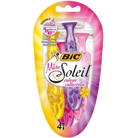 BIC, Miss Soleil Colour Collection, 4 шт., Станок для гоління, одноразовий, жіночий