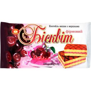 ХБФ, Фирменный Коктейль, 330 г, Бисквит с вишнево-сливочной начинкой