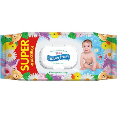 Superfresh, 120 шт., Влажные салфетки для детей и мам, с клапаном