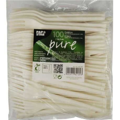 Pap Star, 100 pcs, Fork, disposable, bioplastic, white, 16.3 cm