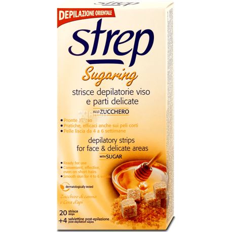 Strep Crystal, Sugaring, 20 шт. + 4 салфетки, Восковые полоски, для депиляции лица и линии бикини, аргановое масло