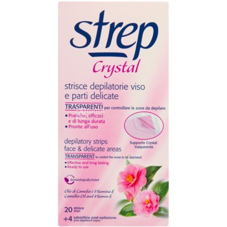 Strep Crystal, 20 шт + 4 серветки, Воскові смужки, для депіляції обличчя і лінії бікіні, олія камелії і вітамін Е