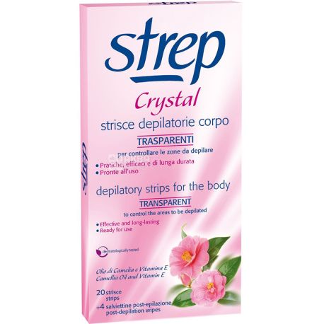 Strep Crystal, 20 шт. + 4 серветки, Воскові смужки, для депіляції тіла, з олією камелії і вітамін Е