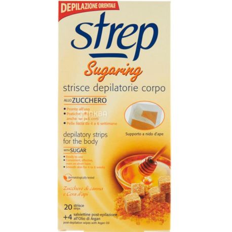 Strep Crystal, 20 pcs + 4 wipes, Wax strips, for body depilation, sugar and beeswax