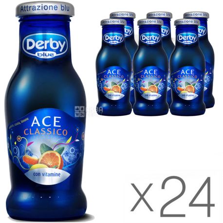 Derby Blue, Ace classico con vitamine, Упаковка 24 шт, по 0,2 л, Сік натуральний, Мультифрукт, скло