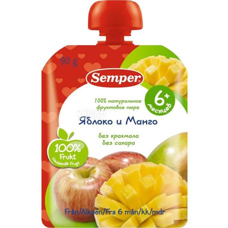 Semper, 90 g, Fruit Puree, Apple and Mango Smoothie, 6+ Months - buy Baby  puree in Kyiv, water delivery AquaMarket