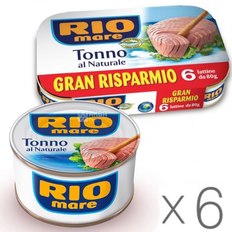 Rio Mare, Tonno al Naturale, Упаковка 6 шт. х 80 г, Рио Маре, Тунец в собственном соку