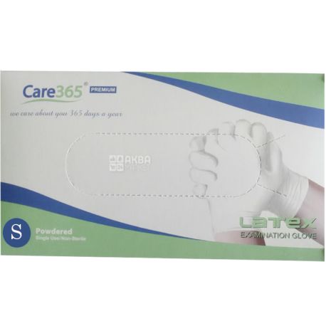 Care 365, 100 шт., Перчатки латексные, опудренные, размер S, белые