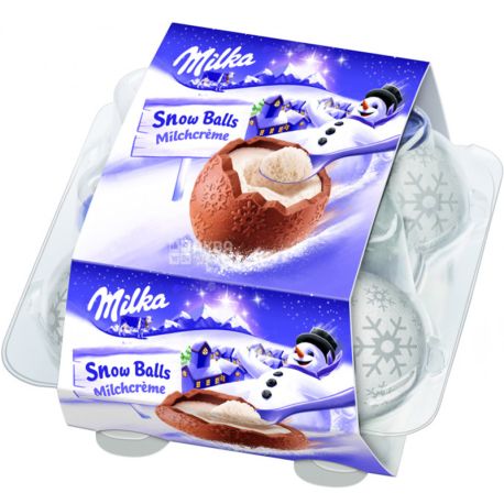 Milka, Snow Balls, 112 г, Шоколад молочный Сноу Болс в форме шара, с кремово-молочной начинкой
