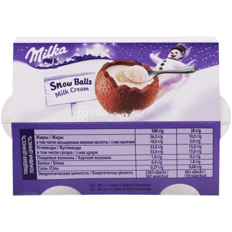 Milka, Snow Balls, 112 г, Шоколад молочный Сноу Болс в форме шара, с кремово-молочной начинкой