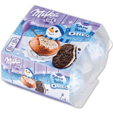 Milka, Snow Balls, 4 шт х 28 г, Шоколад молочний Сноу Болс в формі кулі, з кремово-молочною начинкою і печивом Орео