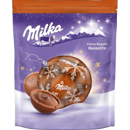 Milka, 90 г, Шоколад молочний в формі кулі, з центром з молочного шоколаду і горіхової пасти з фундука