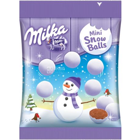 Milka, Mini Snow Balls, 100 г, Шоколад молочний Міні Сноу Болс, в цукровій оболонці