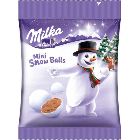 Milka, Mini Snow Balls, 100 г, Шоколад молочний Міні Сноу Болс, в цукровій оболонці