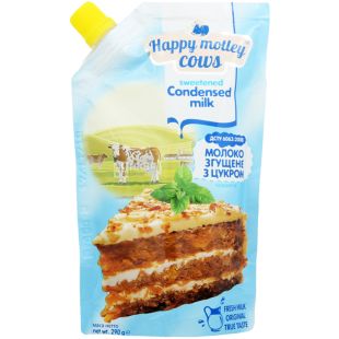 Happy Motley Cows, 290 г, Молоко сгущенное нежирное, с сахаром, 0,5%, дой-пак