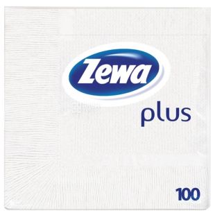 Zewa Plus, 100 шт., Серветки столові Зева, одношарові, білі, 33х33 см