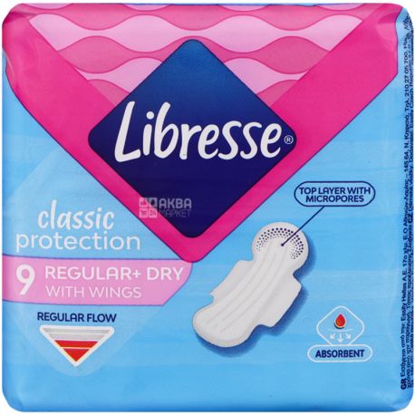 Libresse, Classic Protection Regular+Dry, 9 шт., Гигиенические прокладки, 3 капли