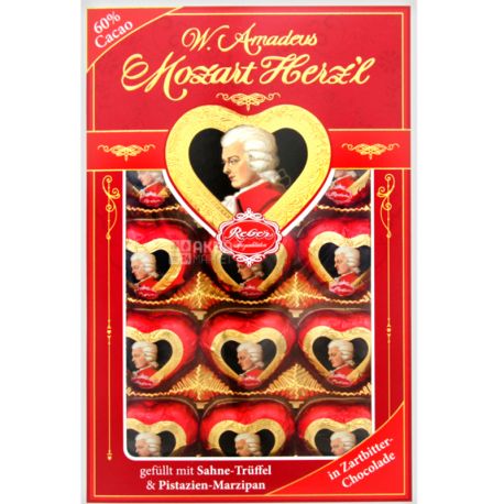 Reber, Mozart Kugeln, 150 g, Mozart sweets, with marzipan and nougat, hearts