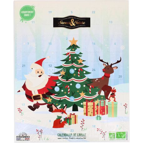Saveurs & Nature, Calendrier de l'Avent, 115 г, Цукерки шоколадні для дітей Різдвяний календар, органічні