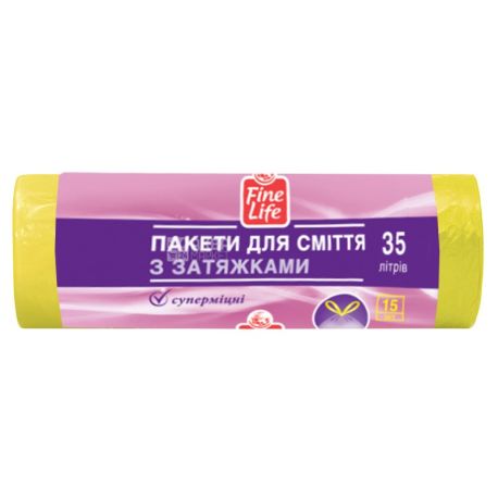 Fine Life, 15 шт., 35 л, пакеты для мусора, С затяжками