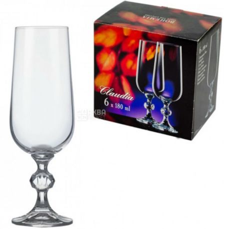 Bohemia Claudia, 180 ml х 6 pcs, Set of glasses, for champagne, glass, transparent