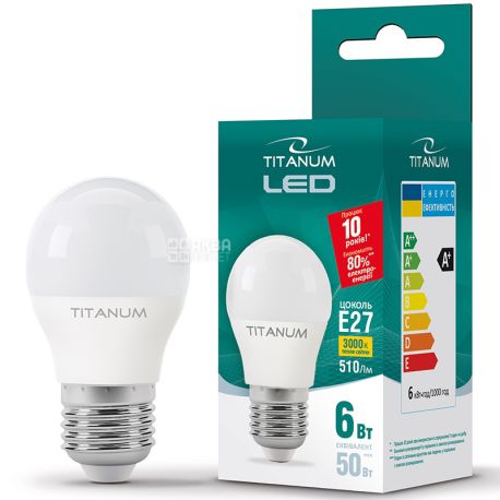 Titanum LED, Лампа светодиодная, цоколь Е27, 6W, 3000 К, 220 V,  теплое белое свечение, 510 Lm