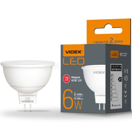 VIDEX LED GU5.3, Лампа світлодіодна, цоколь GU5.3, 6W, 4100K, 12V, біле світіння, 540 Lm