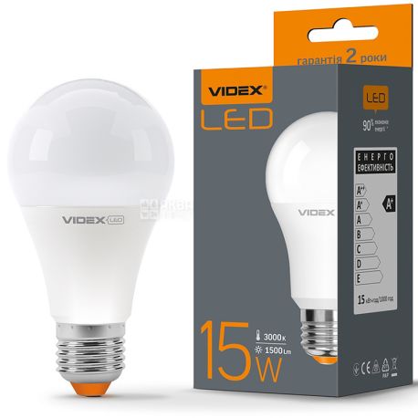 VIDEX LED A65e, Лампа світлодіодна, цоколь E27, 15W, 3000K, 220V, тепле світіння, 1500 Lm