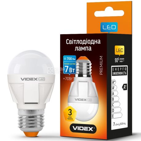 VIDEX LED G45, Лампа світлодіодна, цоколь E27, 7W, 3000K, 220V, тепле світіння, 610 Lm