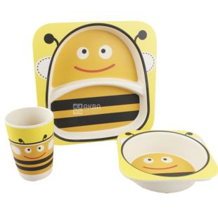 Fissman, 3 шт., Обідній набір Бджілка, з бамбукового волокна, тарілка, миска і стакан
