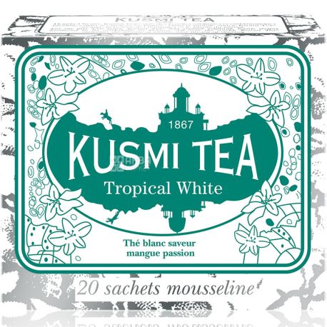 Kusmi Tea, Tropical white, 20 пак. х 1,8 г, Білий чай з тропічними фруктами