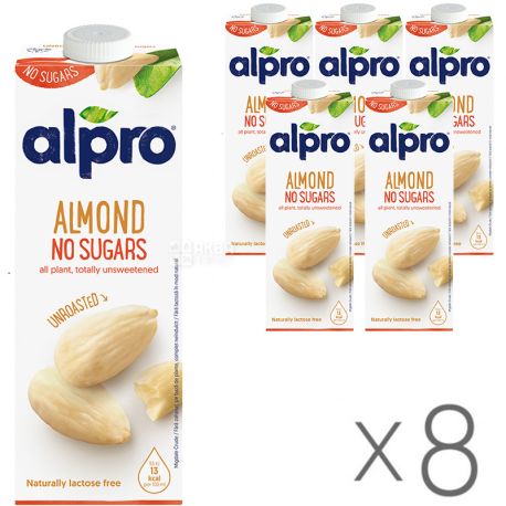 Alpro Almond unrosated unsweetened, упаковка 8 шт. по 1 л, Алпро, Молоко з не смаженого мигдалю, без цукру