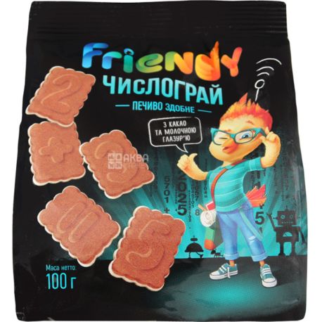 Делиция Печенье Friendy, Числограй со вкусом какао с глазированным дном, 100 г, Полиэтиленовый пакет