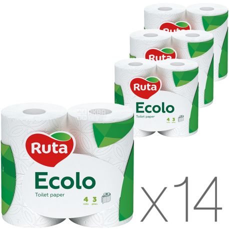 Ecolo, Deluxe, Упаковка 14 шт. по 4 рул.,Туалетная бумага Эколо Делюкс, 3-х слойная