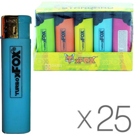 xFox турбо, Упаковка 25 шт, Зажигалка пьезо, резиновая, в ассортименте
