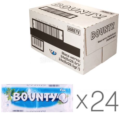 Bounty Minis, Упаковка 24 шт. х 6х28,5 г, Батончик у молочно-шоколадній глазурі з кокосовою начинкою