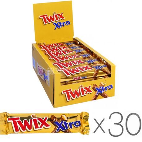Twix Xtra, Упаковка 30 шт. х 75 г, Батончик-печенье с карамелью, в молочном шоколаде