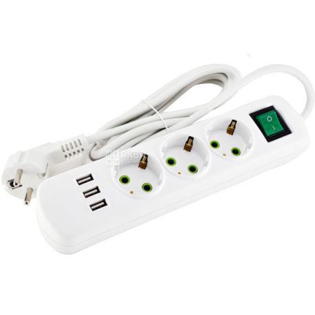 Lezard, Letitia, Подовжувач із заземленням, з вимикачем і USB зарядкою, 3 входи, 2 метра