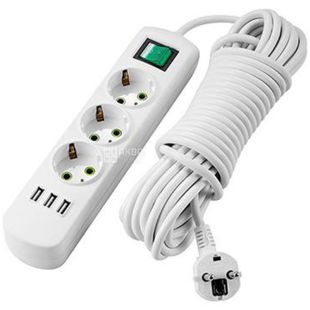 Lezard, Letitia, Удлинитель с заземлением, с выключателем и USB зарядкой, 3 входа, 5 метров
