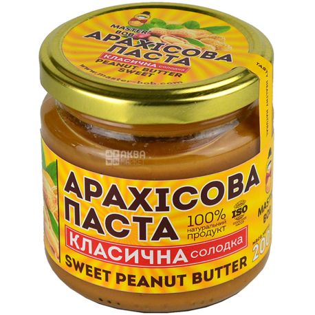 Master Bob, 200 г, Арахісова паста, Класична, Солодка, Скло