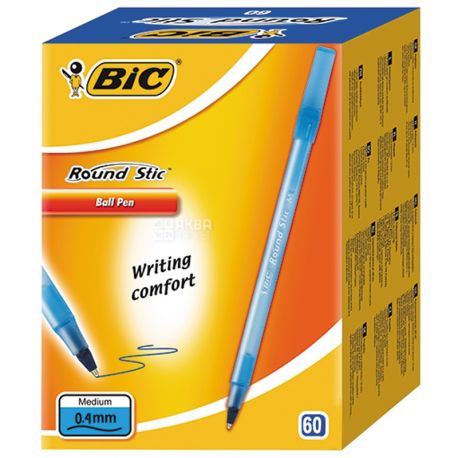 BIC, 60 шт., 0,4 мм, ручка шариковая, Синяя, Round Stic