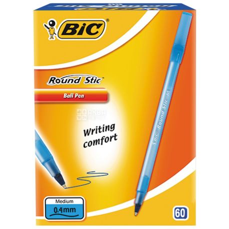 BIC, 60 шт., 0,4 мм, ручка кулькова, Синя, Round Stic