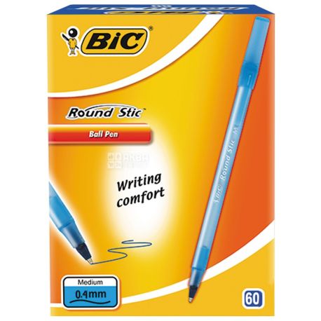 BIC, 60 шт., 0,4 мм, ручка шариковая, Синяя, Round Stic