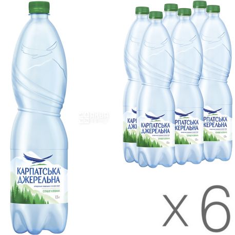Карпатська Джерельна, 1,5 л, Упаковка 6 шт., Вода минеральная слабогазированная, ПЭТ