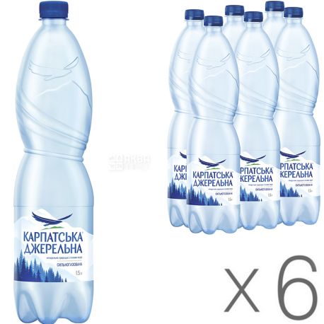 Карпатська Джерельна, 1,5 л, Упаковка 6 шт., Вода мінеральна сильногазована, ПЕТ