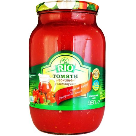 Rio, 980 г, Томати консервовані у власному соку, скло