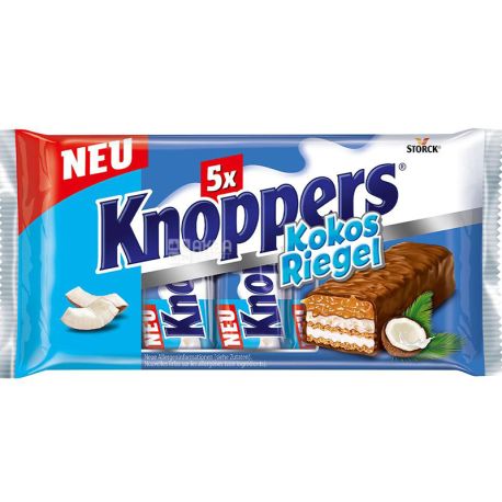 Knoppers Kokos Riegel, 5 х 40 г, Шоколадно-вафельний батончик, з горіхами та кокосом
